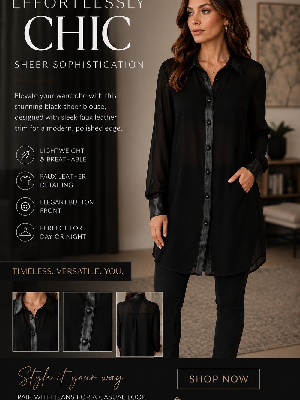 Black Sheer Blouse with Faux Leather Trim - Women